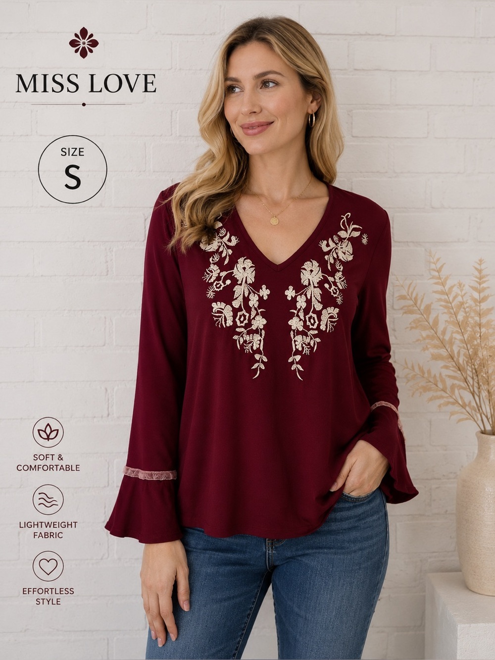 MISS LOVE women long sleeve embroidered top/size S